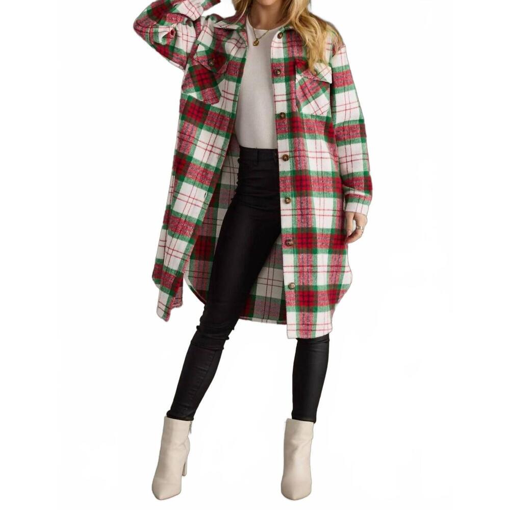 NEW PANACHE plaid duster shacket in red and green plaid
